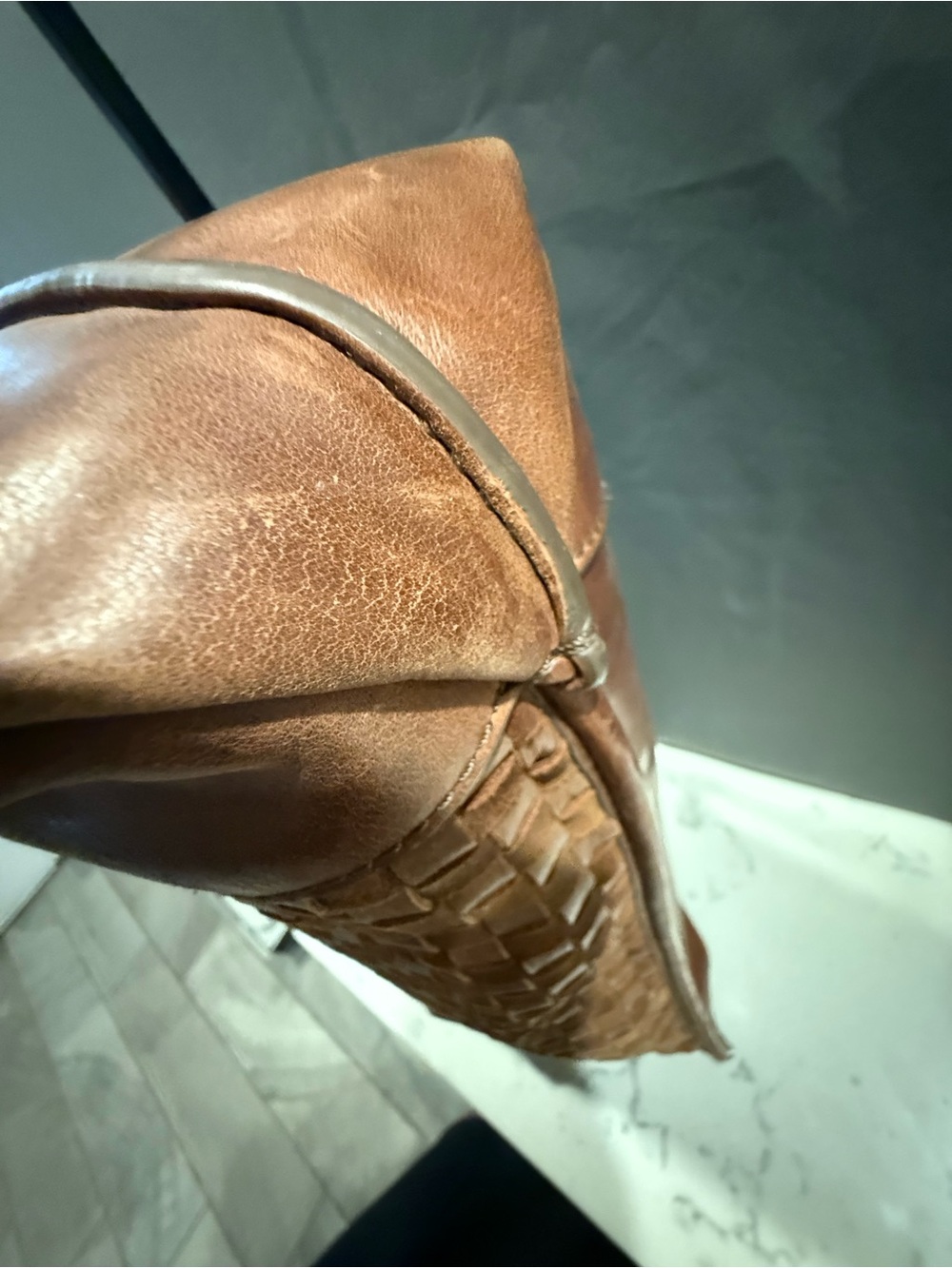 Frye Woven Leather Shoulder Tote in Cognac Brown with Tassel - Picture 14 of 14